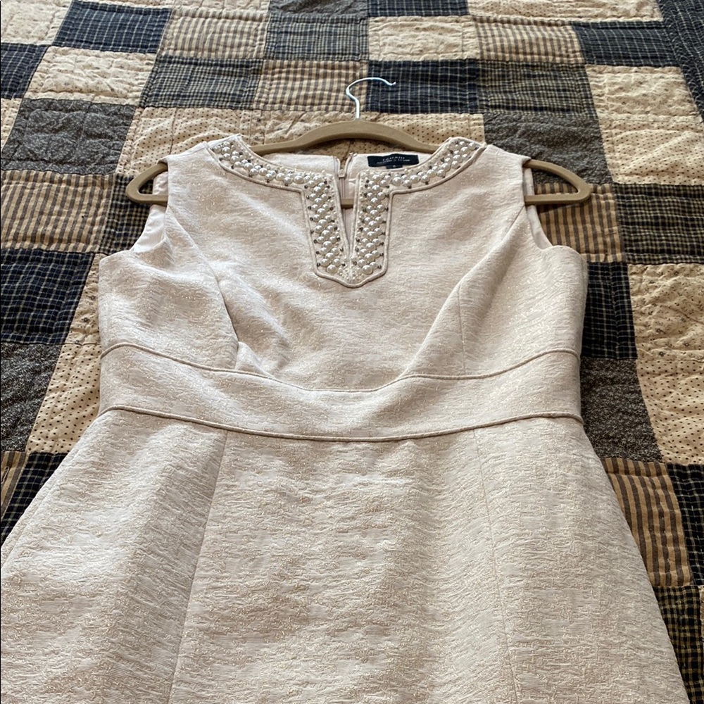 Tahari ASL Cream Sleeveless Dress with Embellished Neckline